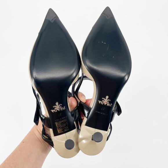 Prada Beige Black Leather Slingback Pointed Toe Mary Jane Cap Toe Heels IT 37 - Picture 12 of 15